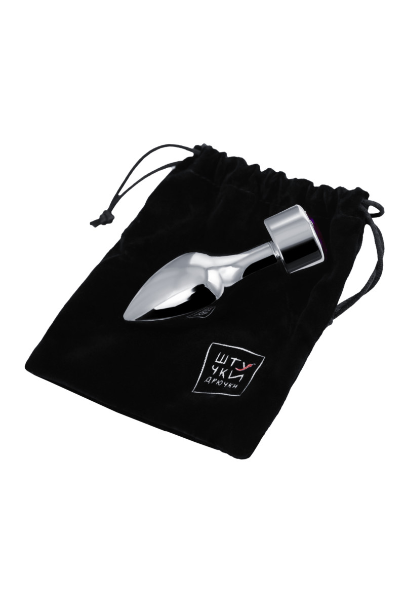 картинка Анальная втулка Штучки-дрючки, металл, серебряная, с кристаллом фиолетовым, 9,5 см, Ø 3,5 см, 130 от магазина ErosMania