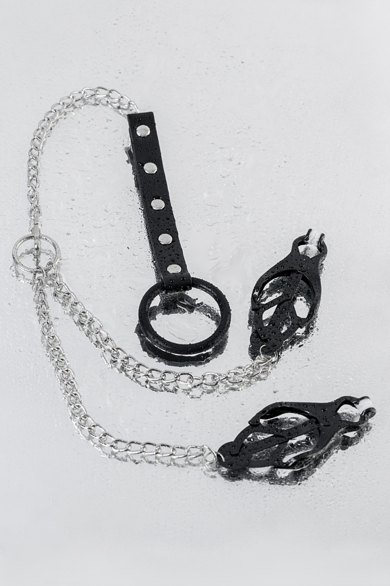 картинка Зажимы для сосков с кольцом для пениса, TOYFA Metal, черные от магазина ErosMania