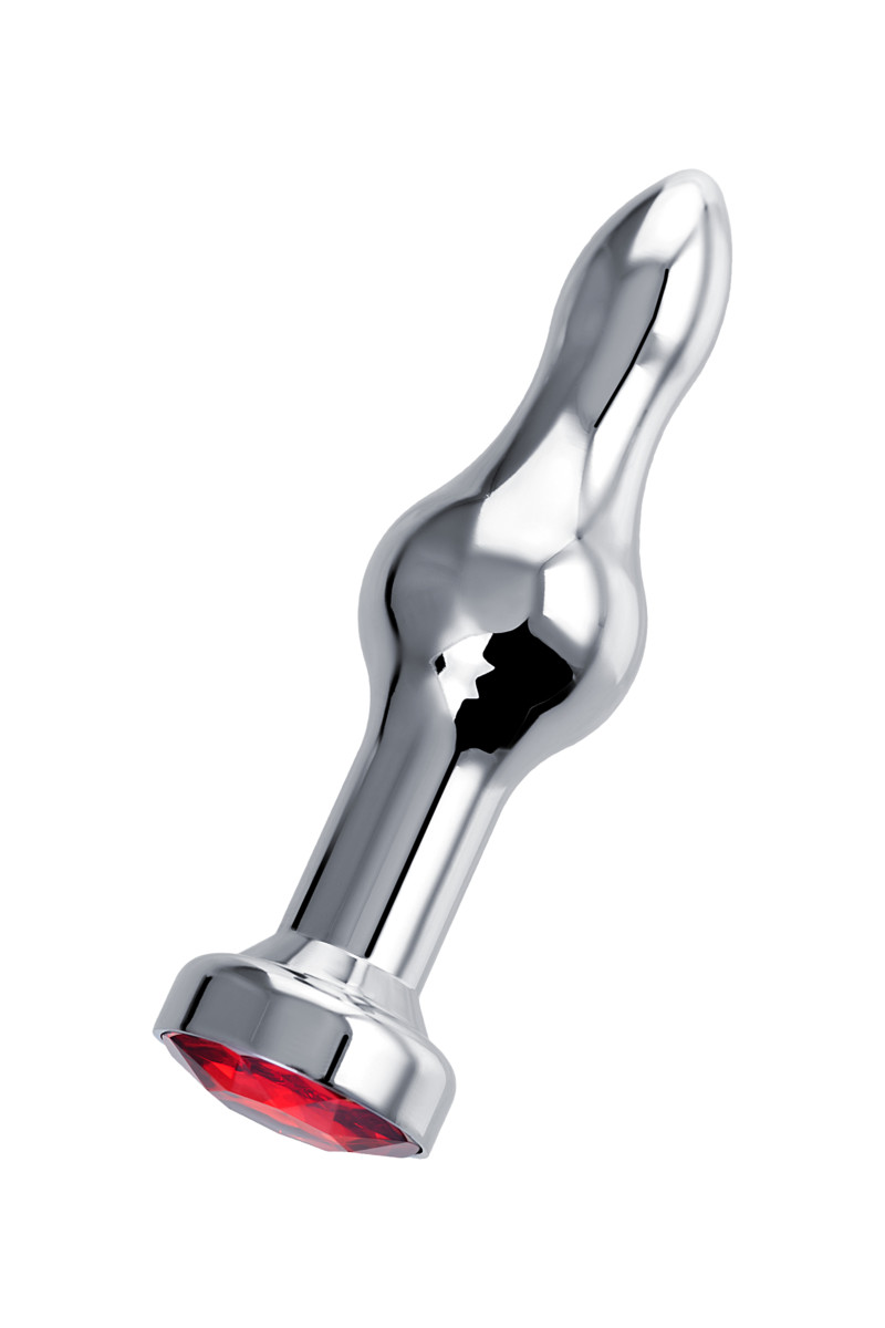 картинка Анальная втулка Штучки-Дрючки, металл, серебряная, с красным кристаллом, 10 см, Ø 2,8 см, 75 г от магазина ErosMania