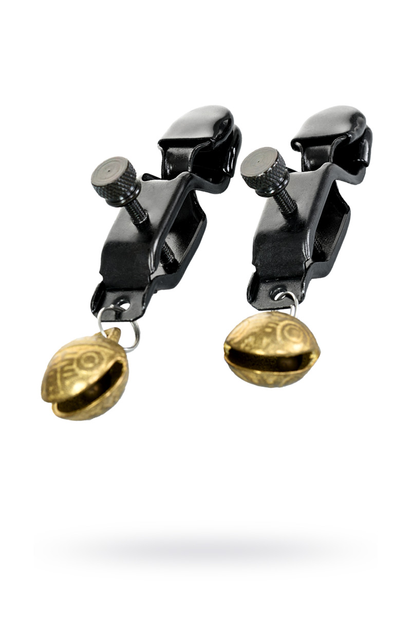 картинка Зажимы для сосков TOYFA Theatre, металл, черный с золотистым колокольчиком от магазина ErosMania