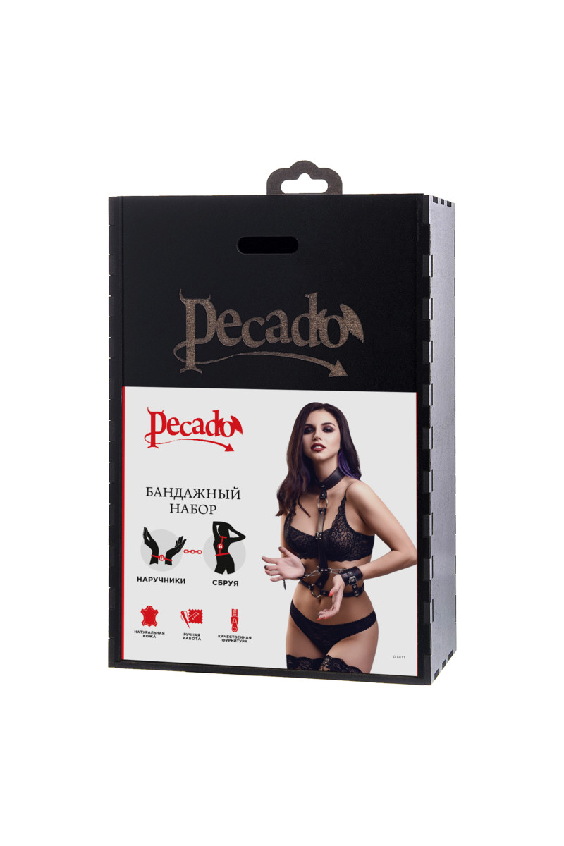 картинка Сбруя для фиксации шеи и рук Pecado BDSM, натуральная кожа, черная от магазина ErosMania