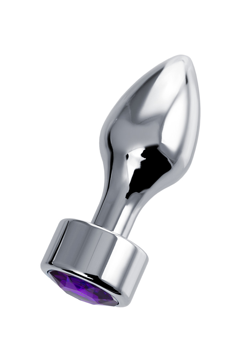 картинка Анальная втулка Штучки-дрючки, металл, серебряная, с кристаллом фиолетовым, 9,5 см, Ø 3,5 см, 130 от магазина ErosMania