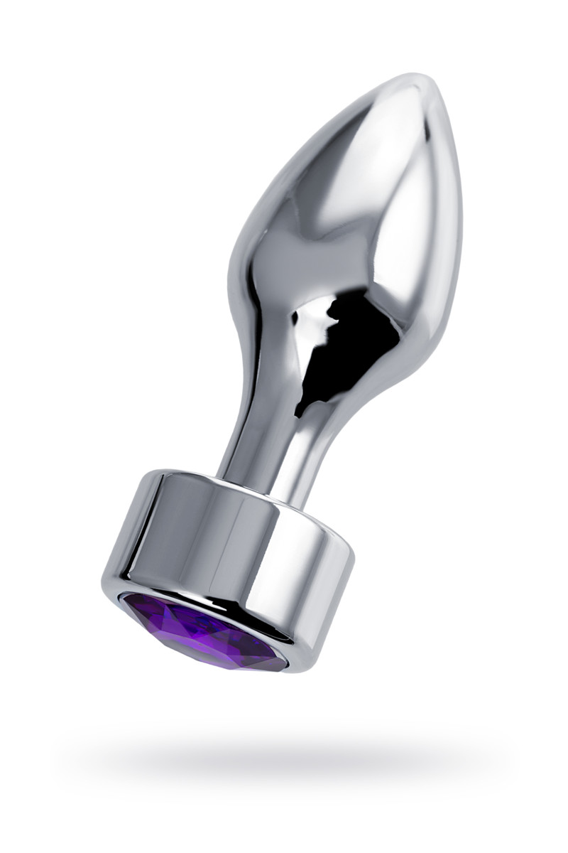 картинка Анальная втулка Штучки-дрючки, металл, серебряная, с кристаллом фиолетовым, 9,5 см, Ø 3,5 см, 130 от магазина ErosMania