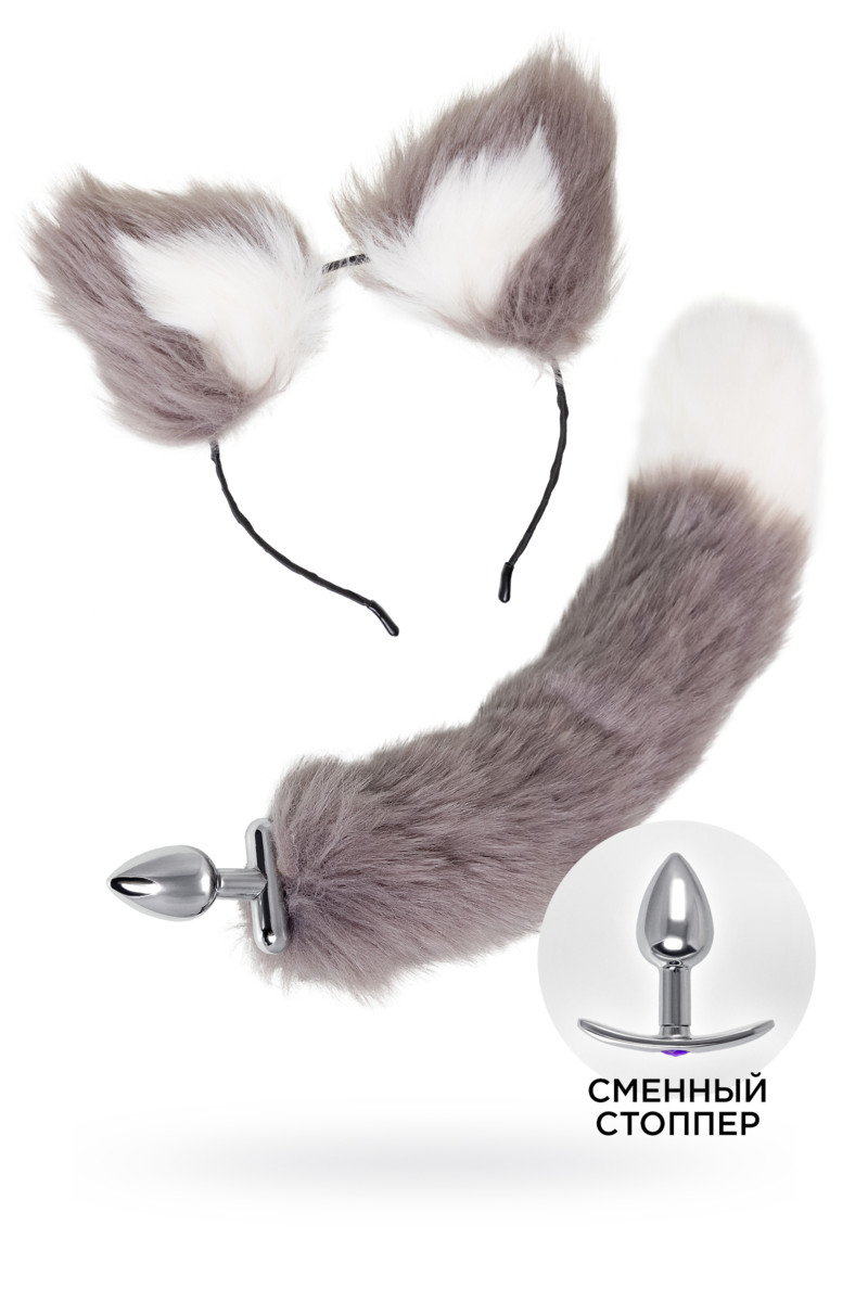 картинка Анальная втулка с хвостом и ушки Metal by Toyfa, металл, серебристая, 44,4 см от магазина ErosMania