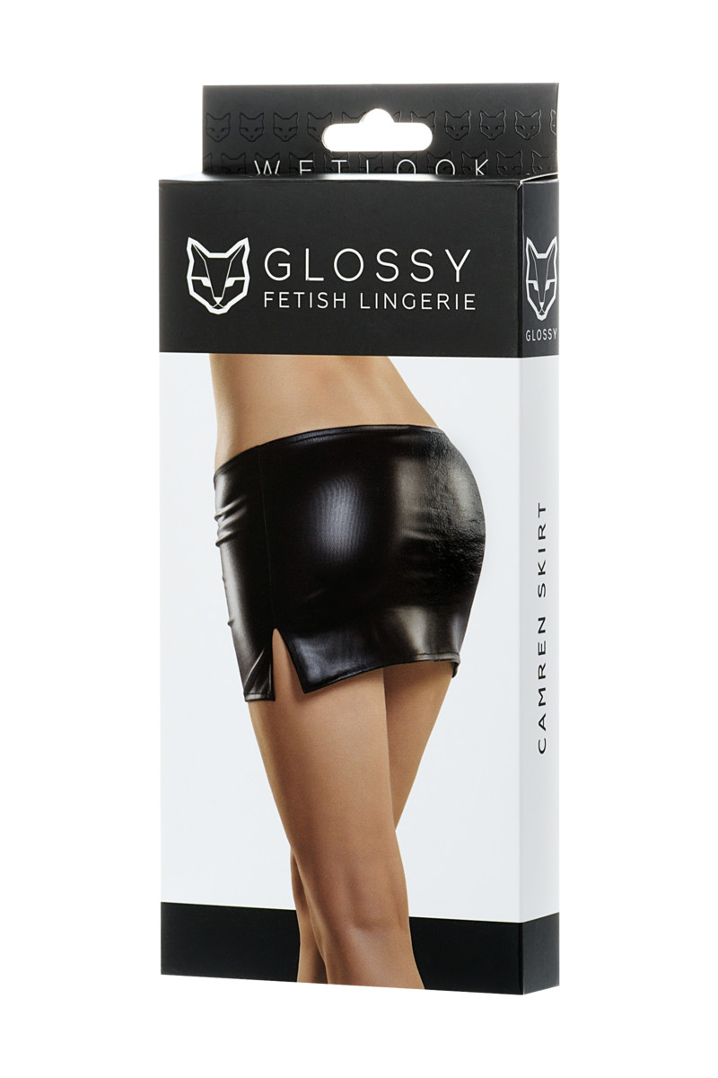картинка Мини-юбка Glossy из материала Wetlook, черный, S от магазина ErosMania